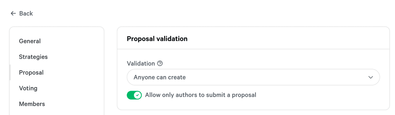 With Authors Only mode you don't need any additional validation for proposal creation.